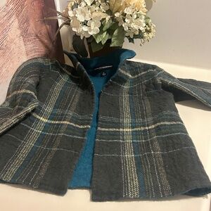 Linda Allard Ellen Tracy Olive Green, Turqiose, and cream Jacket & Skirt, Size 2